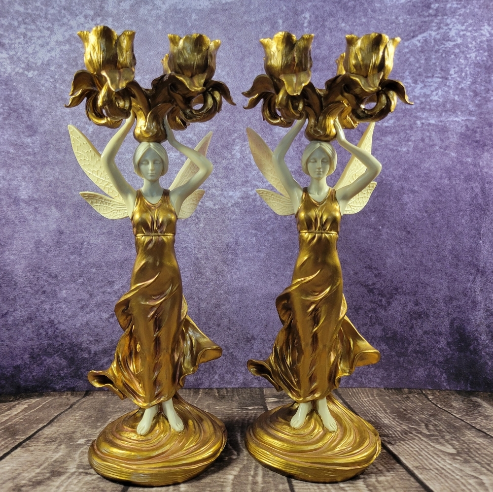 2 Veronese Fairy Holding Candlestick Holder 13‎ 1/8 Inches Tall